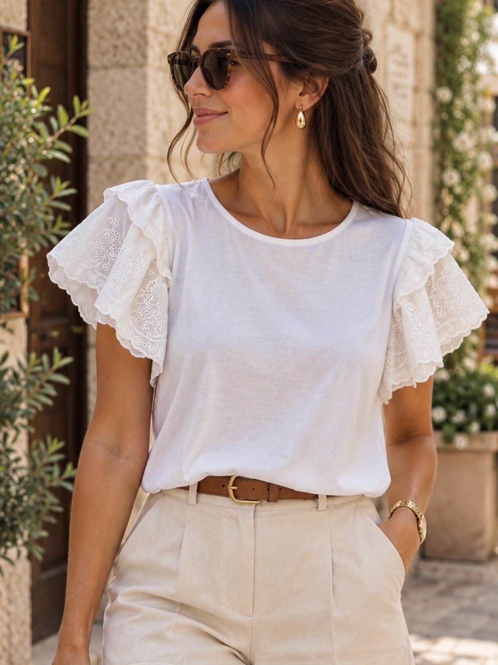 Women's White Eyelet Ruffle Sleeve Tee